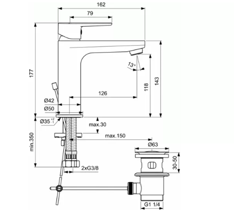 Bateria umywalkowa stojąca z korkiem chrom/czarny Ideal Standard Tyria BC159HS