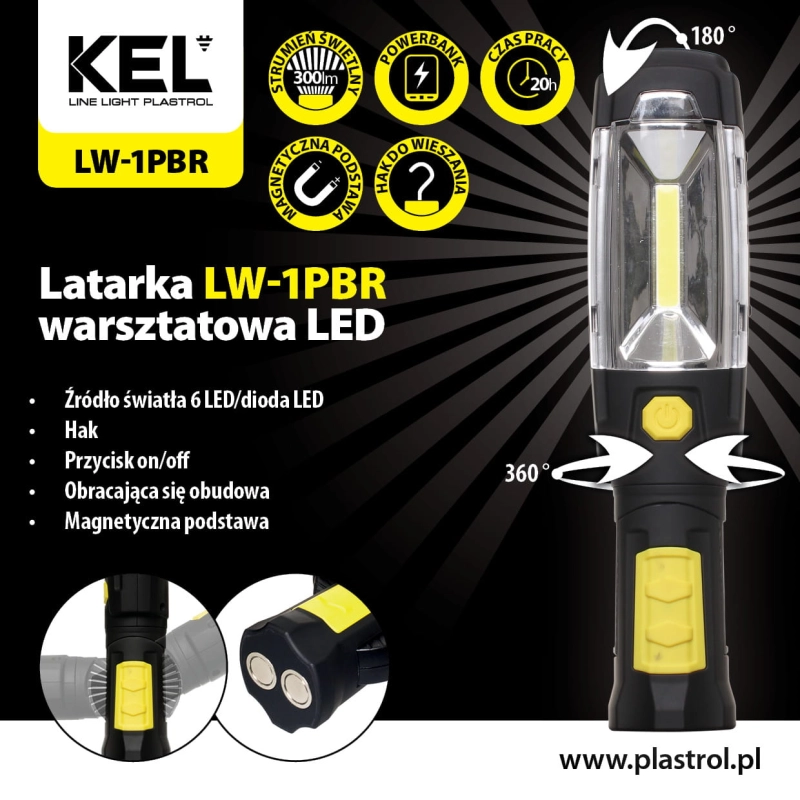 Latarka warsztatowa akumulatorowa 3W z powerbankiem LW-1PBR KEL Plastrol