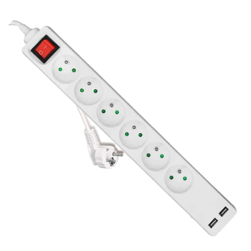 Przedłużacz 6 gniazdowy z wyłącznikiem i USB 5m Plastrol