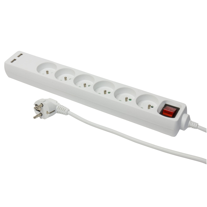 Przedłużacz 6 gniazdowy z wyłącznikiem i USB 5m Plastrol