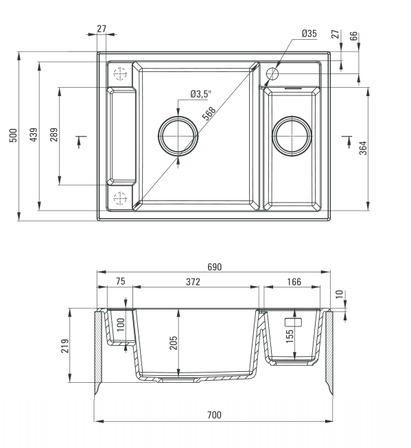 Zlewozmywak granitowy magnetyczny Deante - rysunek techniczny