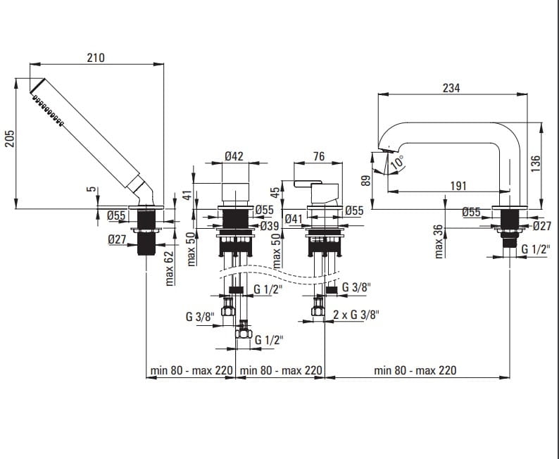 Bateria wannowa 4-otworowa z zestawem prysznicowym Deante Silia
