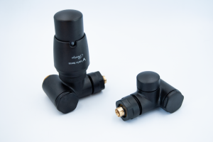 Zawór termostatyczny INTEGRA lewy pod grzałkę CZARNY z głowicą KOMEX - zestaw