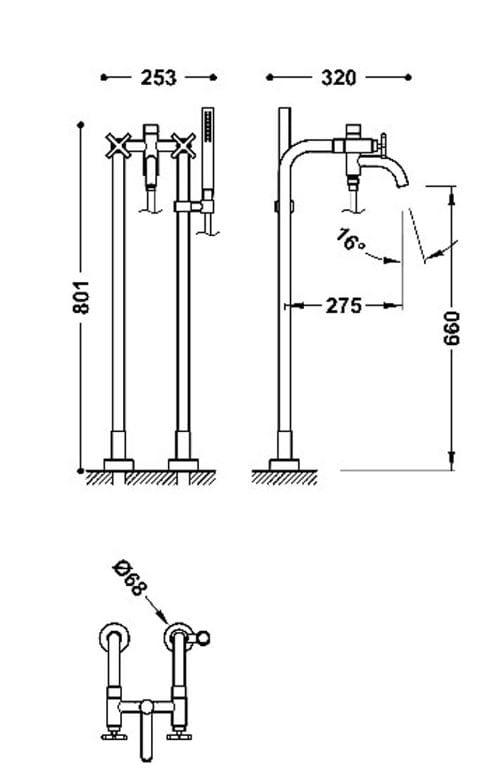 Bateria wannowa dwuuchwytowa podłogowa Tres Montblanc czarny mat 28319401NM