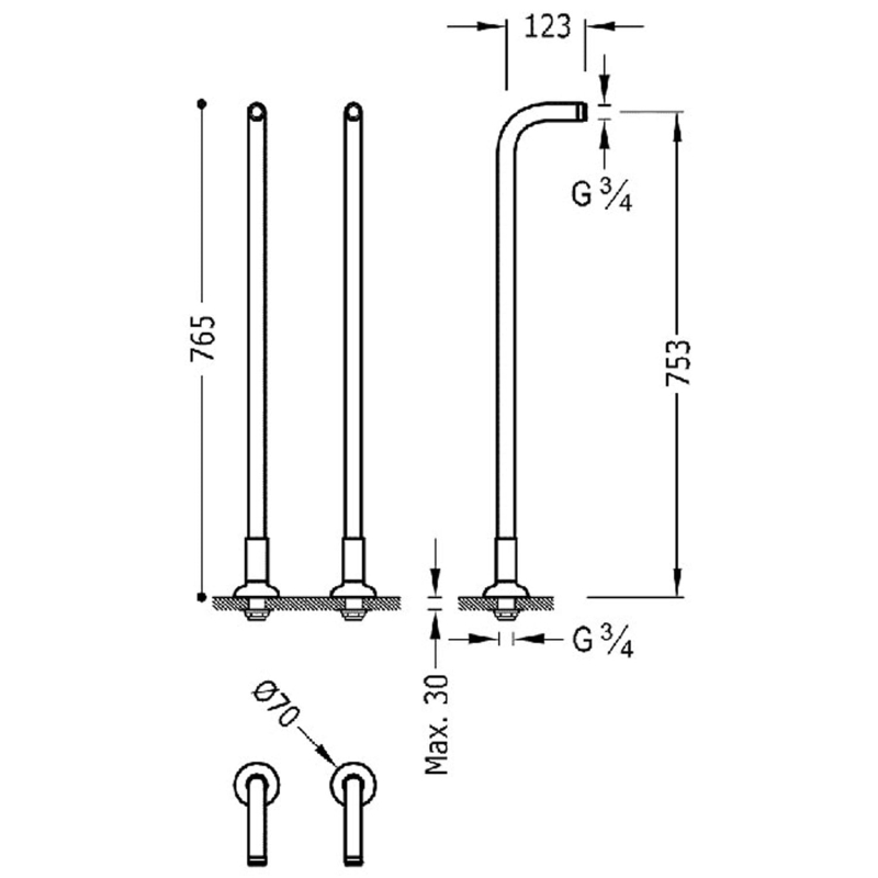 Ujęcia wody do montażu w podłodze do baterii wannowej Tres