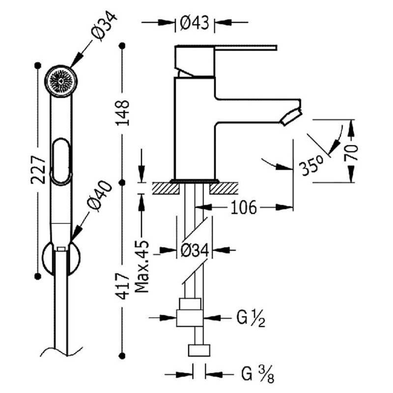 Bateria bidetowa Tres Lex-Alp z natryskiem do toalety